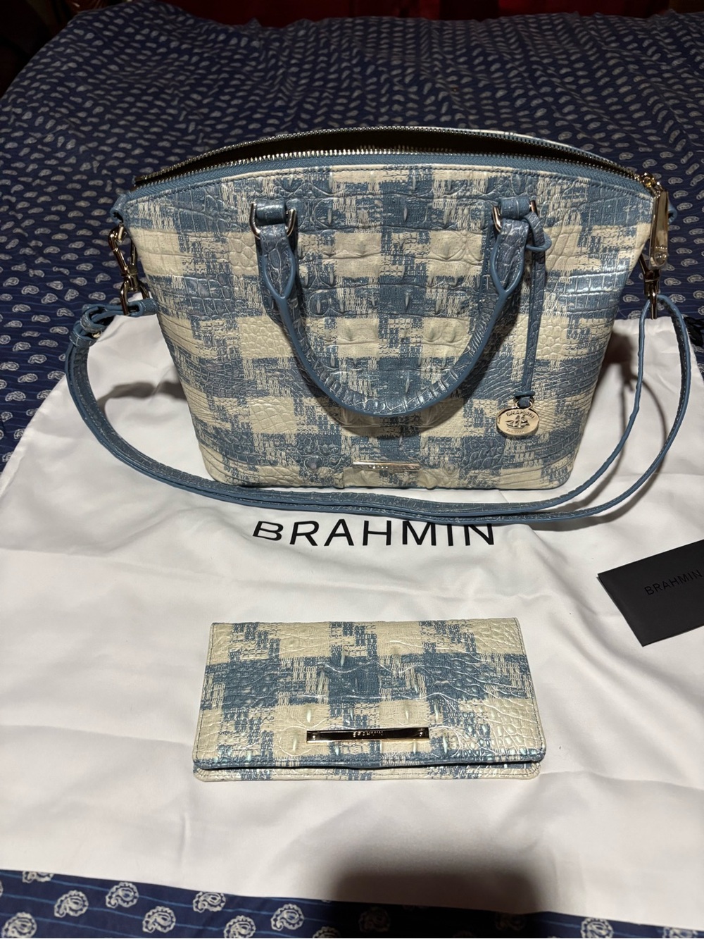 Brahmin Blue and Cream Croc-Embossed Satchel with Matching Wallet